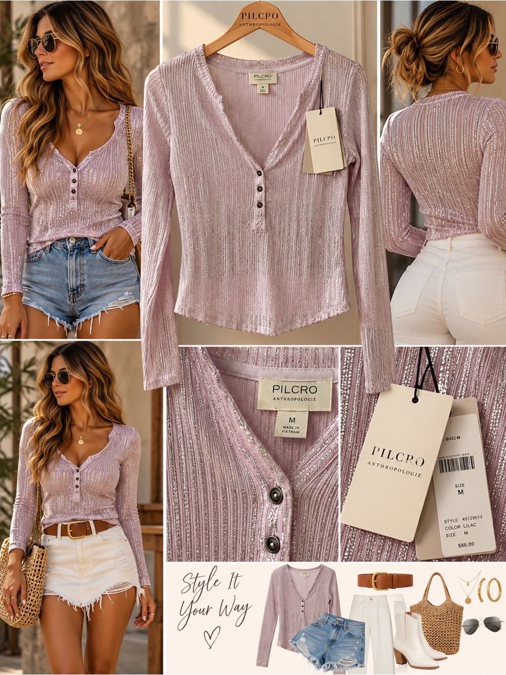 Pilcro Sparkle Lilac Ribbed Henley Long Sleeve Top